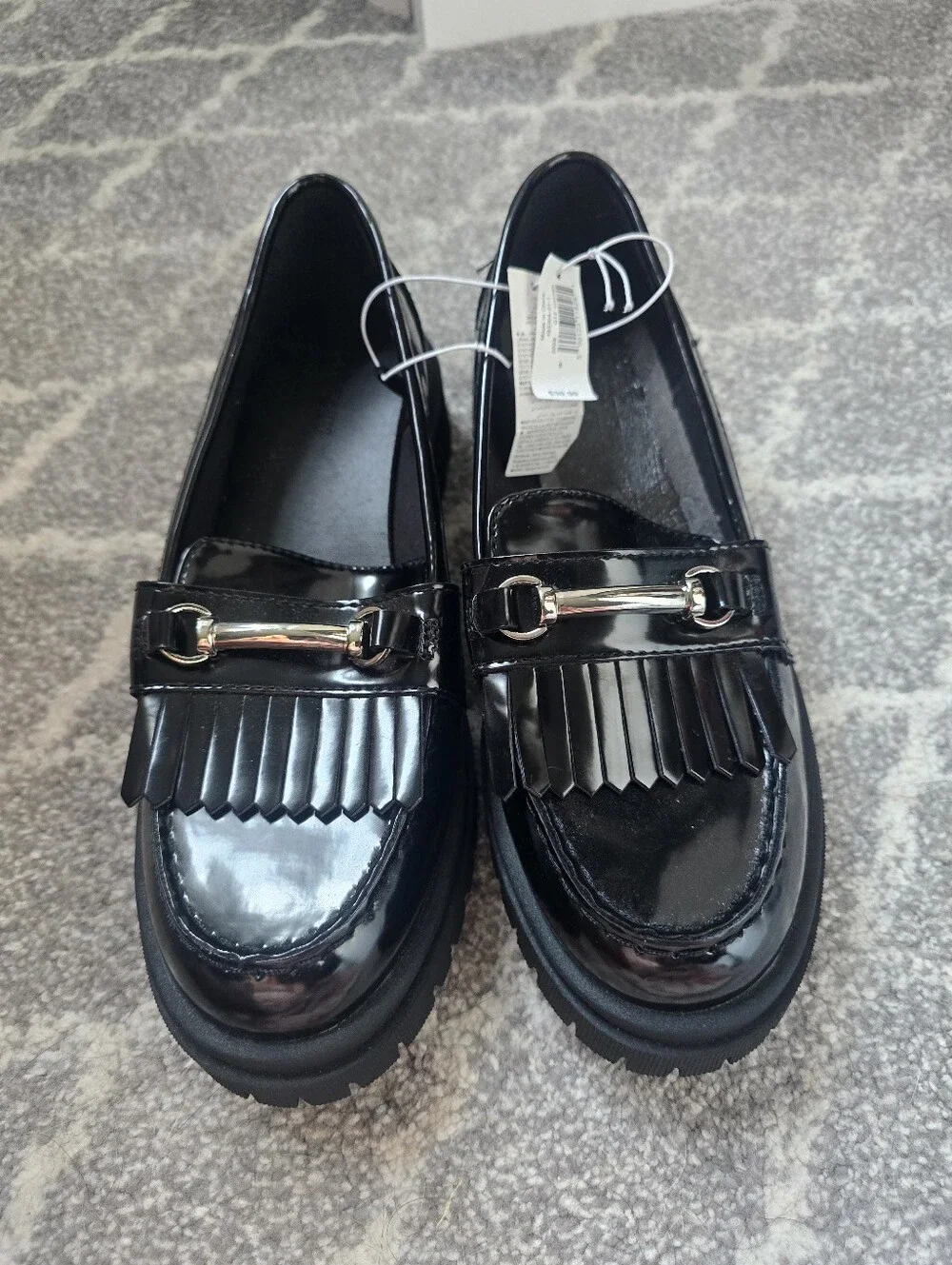 Old Navy Black Patent Loafers with Kiltie Fringe and Gold Horsebit